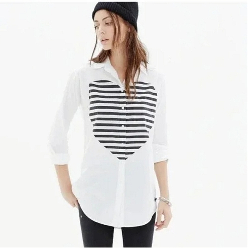 Madewell Heartbeat Oversized Button-Down Blouse w/black stripe heart Graphic XL